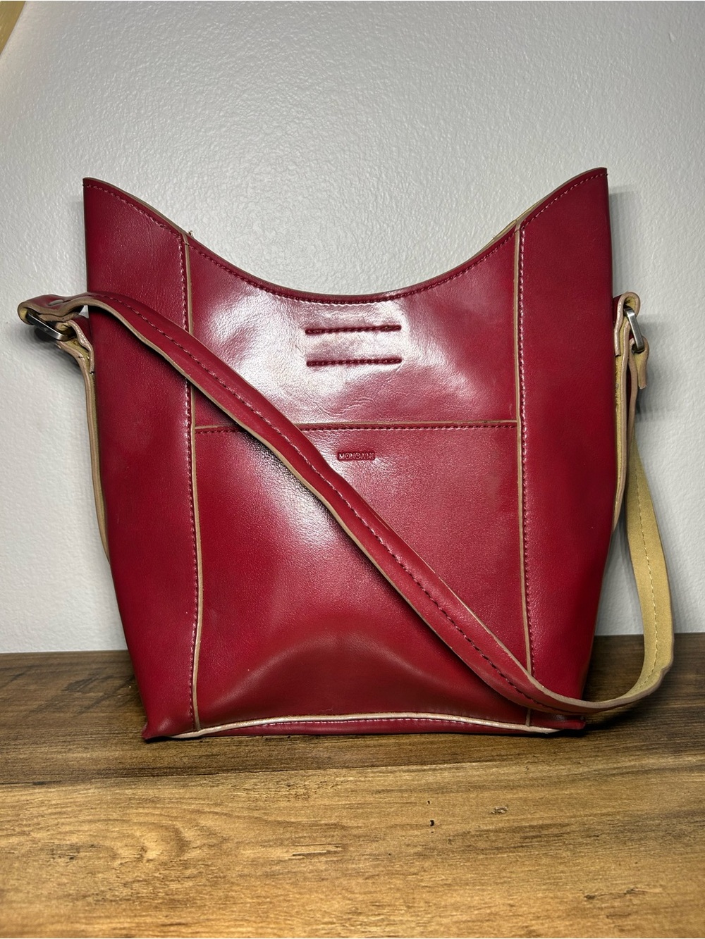 Mondani Red Leather Shoulder Bag with Tan Trim